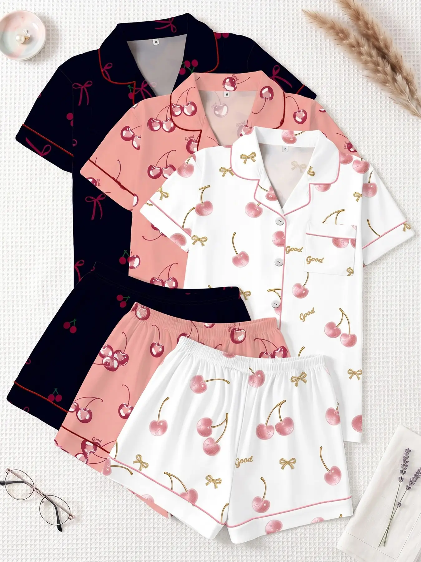 Women's 3-Piece Sleepwear Set, Short Sleeve Top & Shorts, Cherry Print, Casual Home Wear, All Seasons, Comfortable & Stylish