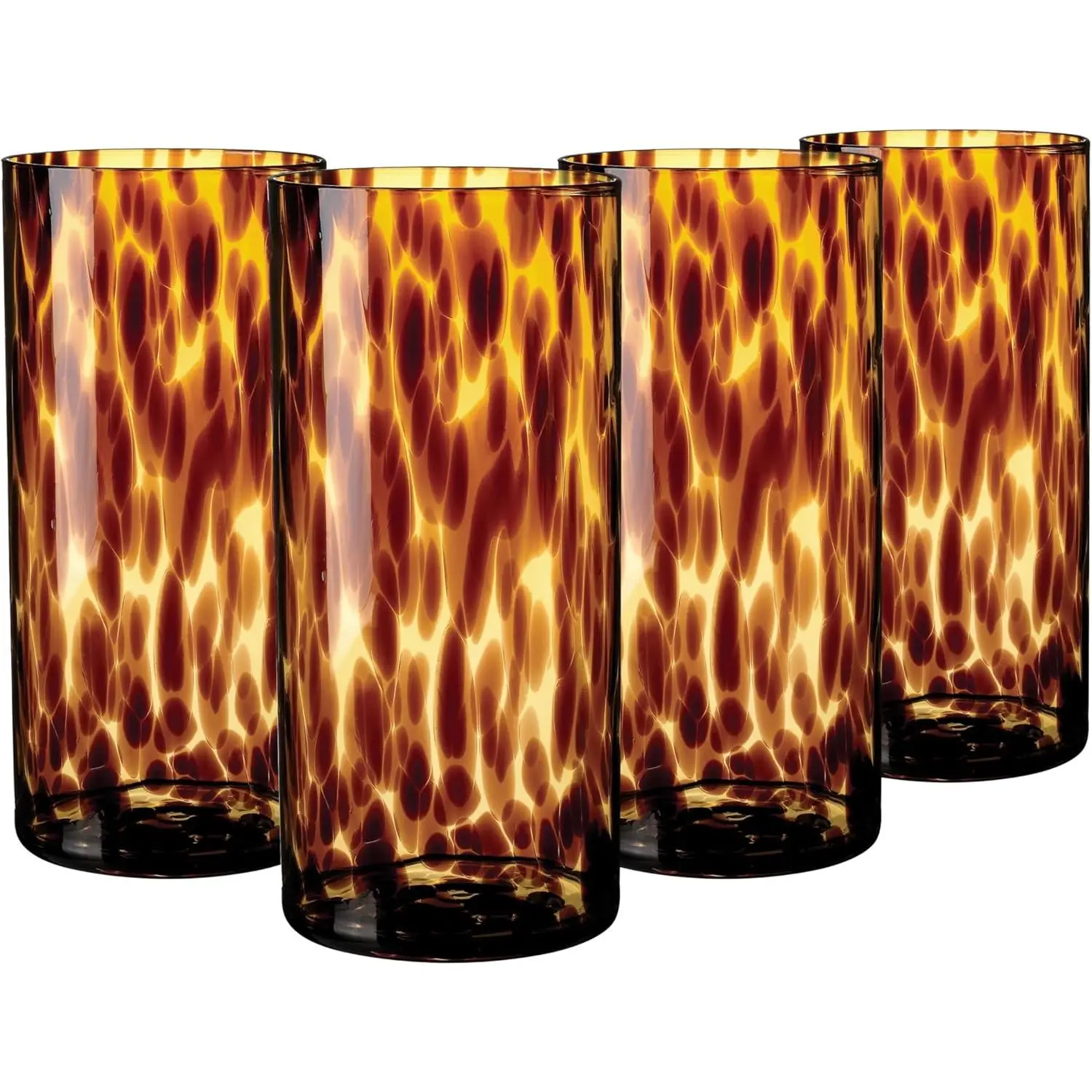 Tortoise Shell Highball Glass Set of 4 – 14.54 oz Borosilicate Cocktail & Water Glasses – Durable, Lead-Free, Dishwasher Safe – Elegant Gift Packaging