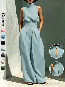 Women's Two-Piece Set High Neck Top and Long Pants, Elegant Formal Office Wear Sleeveless Top and High Waist Long Pants Set Clothes