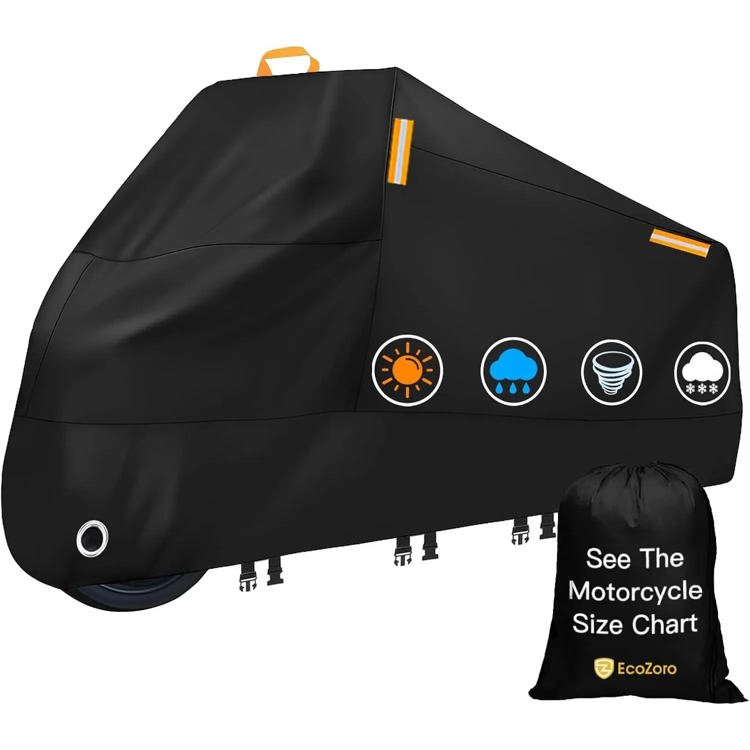 300D Heavy Duty Motorcycle Cover, All Season Waterproof Outdoor Protection with Lock-Holes, Night Reflective Strips & Storage Bag, Fits up to 96.5" Cruiser, Touring Sportbike, Dirt Bike, Scooter