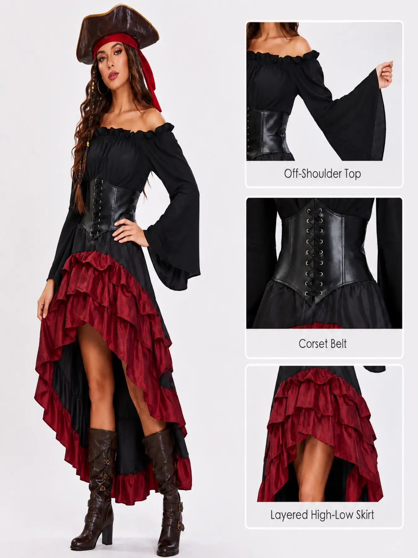 Women Pirate Costume Halloween Renaissance Victorian Steampunk Outfit Shirt Skirt Set Cosplay Dress Carnival Party Role Play