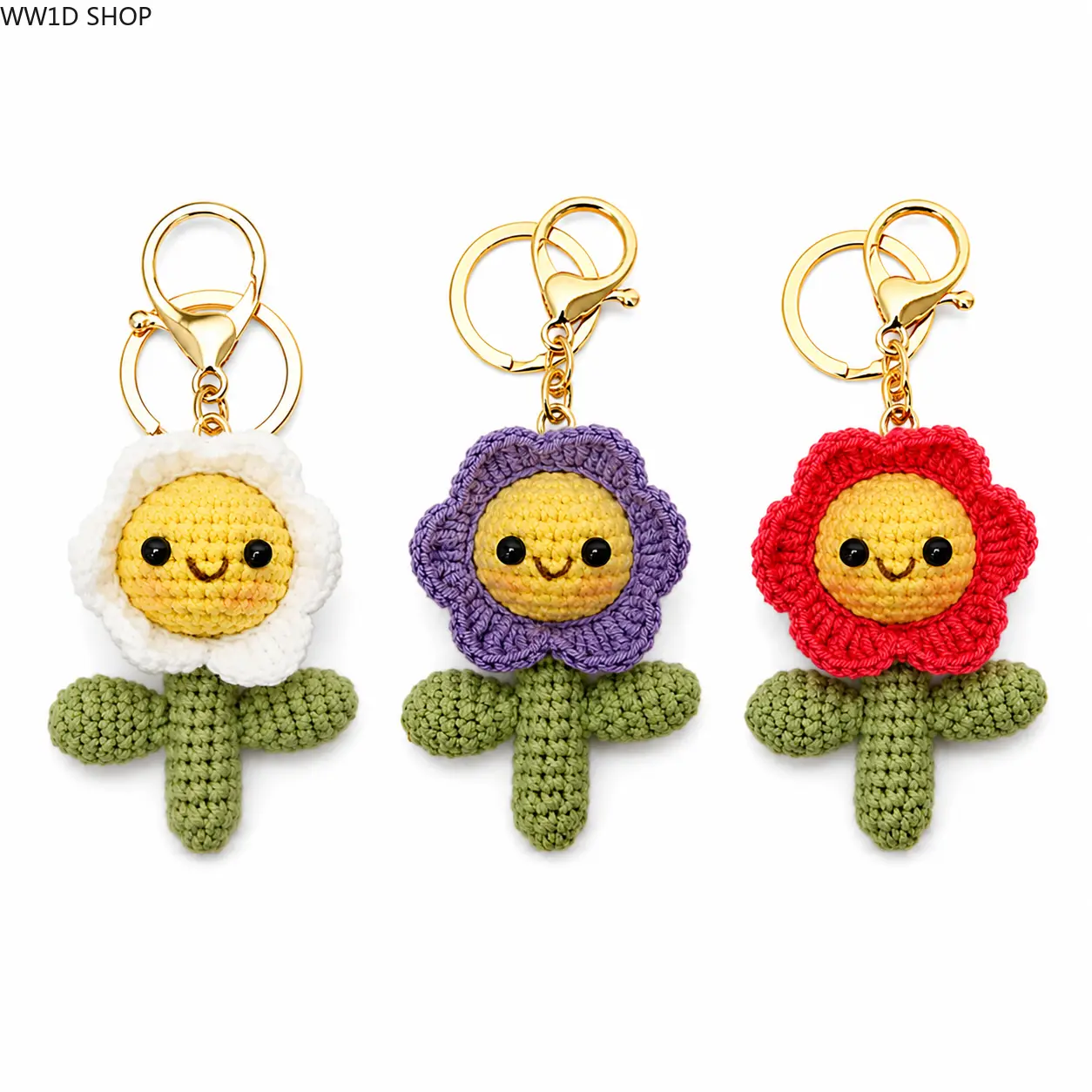 1PC/2PC/3PC Cute Crochet Work Sunflower Keychain - Smiley Daisy Floral Handmade Amigurumi Pendant Accessory for Handbags, Backpacks, Keys