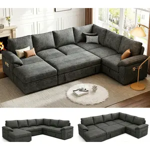 Sofa with Pull Out Bed, U Shaped 5/7 Seat Modular Sectional Sofa with Storage, Sectional Couches for Living Room, Cloud Modular Couch, Removable Sofa Cover # daybed