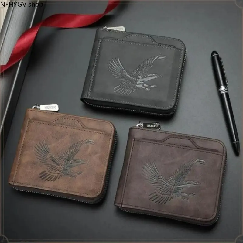 Men’s Premium Leather Wallet Featuring Classic Eagle Embossed Pattern With Zipper Closure, Integrated ID Window And Cash Slot, Comes With Exquisite Gift Box, Safe Card Holder For Travel And Perfect Valentine’s Day Present