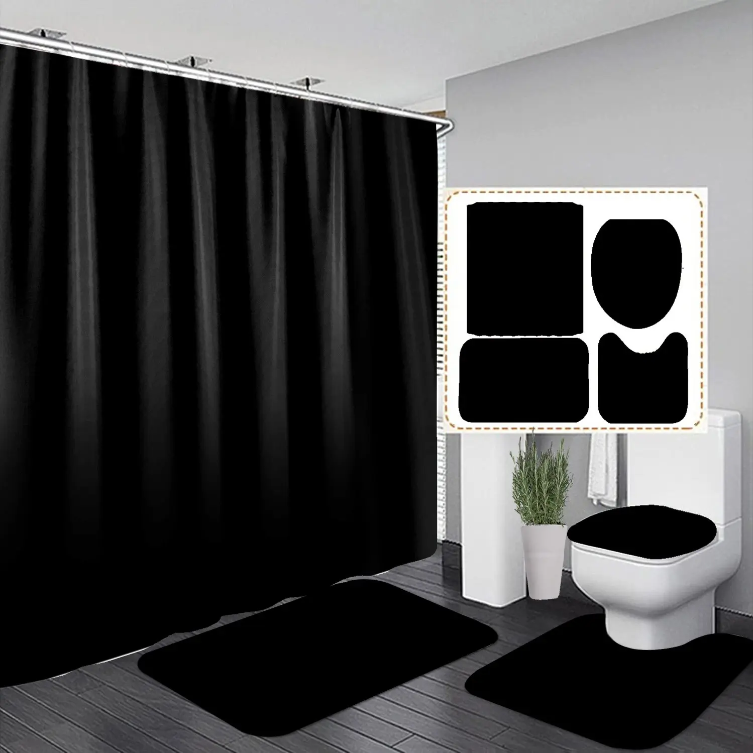 Black Bath Curtain Set, Thickened Edition, Includes Curtain, Toilet Mat, Bath Mat, and Toilet Cover with 12 Hooks, Bath Accessories, Bathroom Decor and Accessories