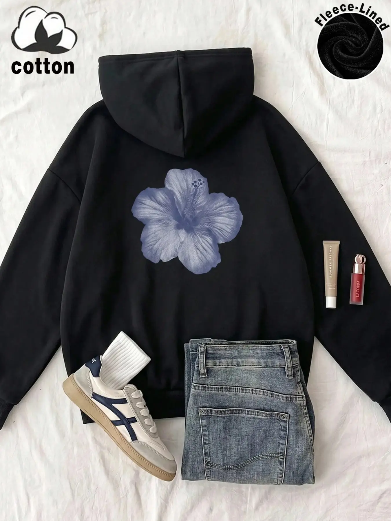 Luxerose Women's Vintage Blue Hibiscus Print Hoodie, Long Sleeve Pullover, Loose Fit, Perfect for Fall & Winter Layering