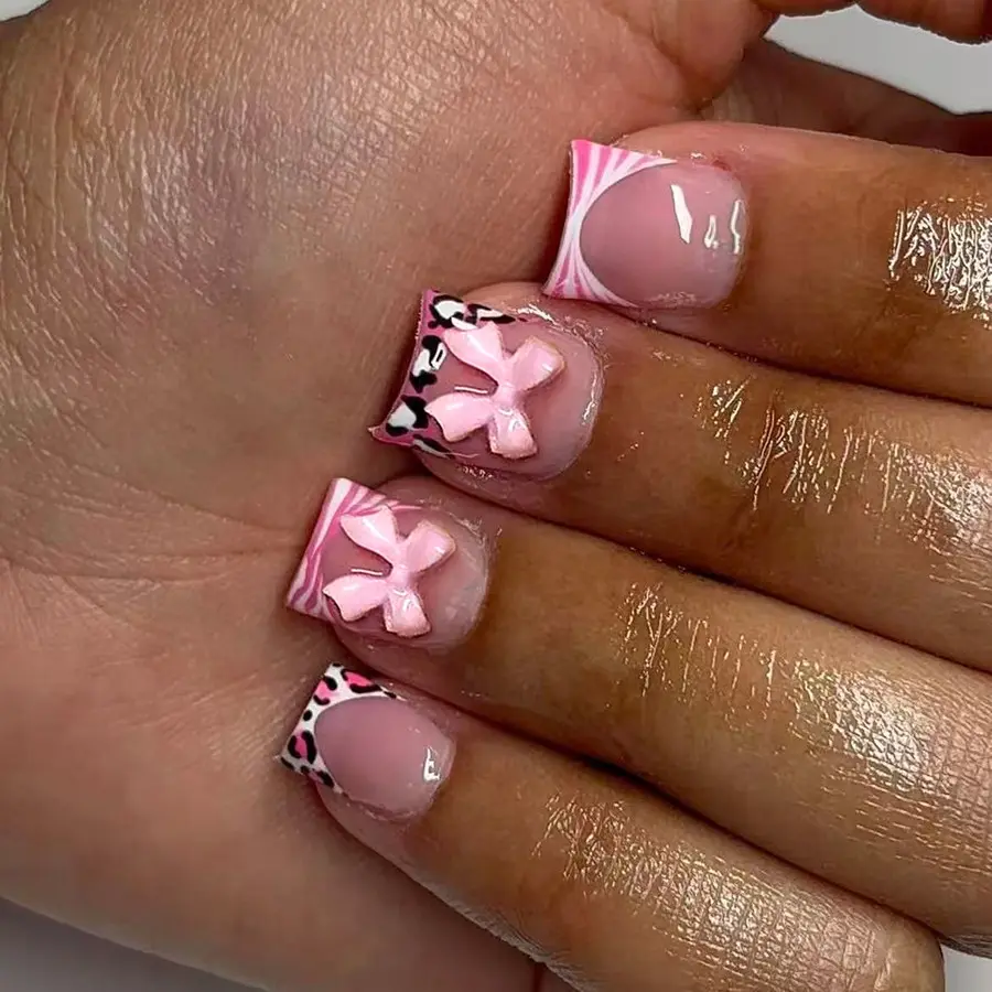 24pcs Short Square Y2K Striped Leopard French Bow Press-On Nails, Glossy Fake Nails, Reusable Daily Wear, for Women and Girls