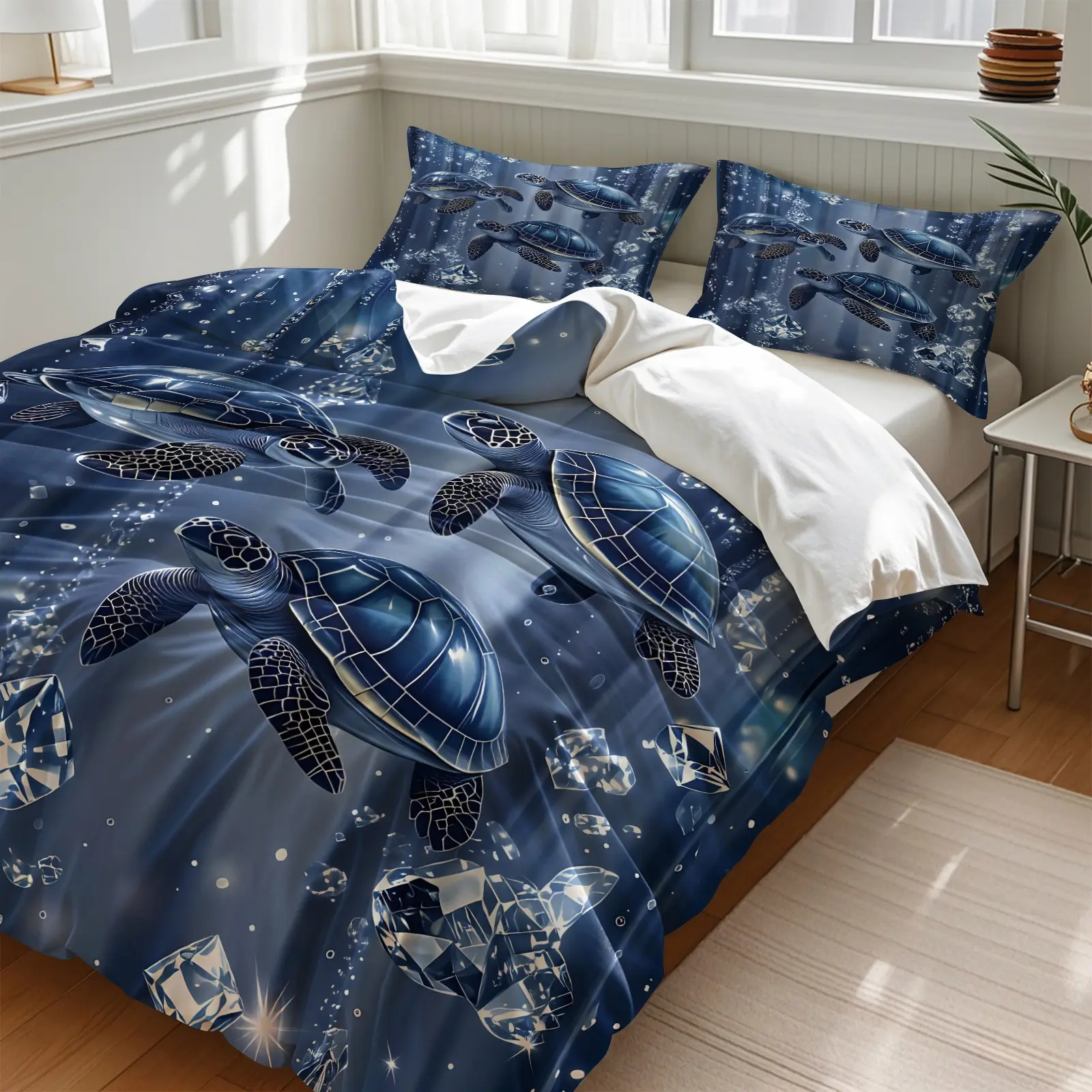 Deep Blue Sea Crystal Sea Turtle Duvet Cover Set, Includes 1 Duvet Cover + 1/2 Pillowcases, Soft Skin-Friendly Durable All Season Bedding, Cool Bedding Set, Soft Bedding Sets, Perfect For Ocean Themed Bedroom, Beach House & Marine Lovers