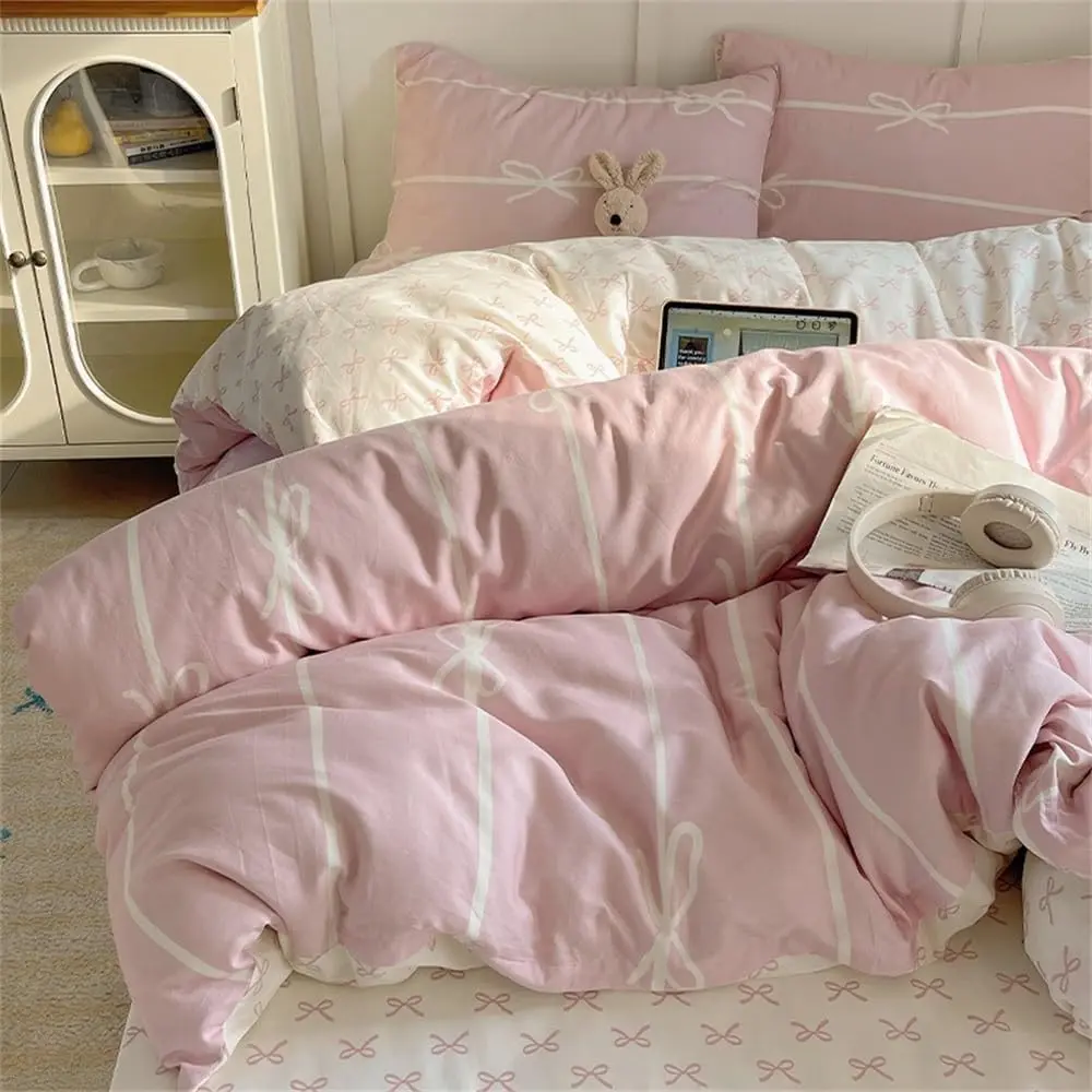 Pink Bow Striped Duvet Cover Queen Reversible Girls Cute Bedding |   Soft Breathable Washed Microfiber, All-Season, Hidden Zipper, 4 Corner Ties, Farmhouse Coquette, Bedroom, Guest Room