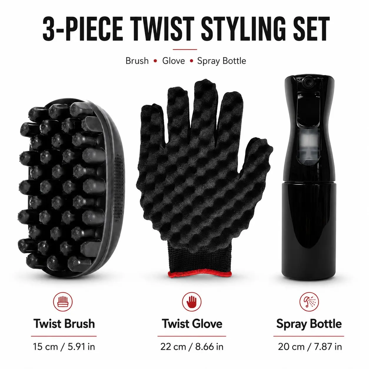 3Pcs 4C Hair Twist Styling Set, Heatless Styling Tools, Twist Brush, Foam Twist Glove and Spray Bottle for Freeform Twists, Coils, Locs and Afro-Textured Hair