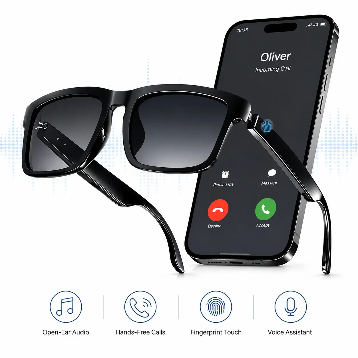 Smart Glasses, Bluetooth Audio Sunglasses with Open-Ear Speakers, Built in Microphone, Music Playback, Touch Control and Hands-Free Calling