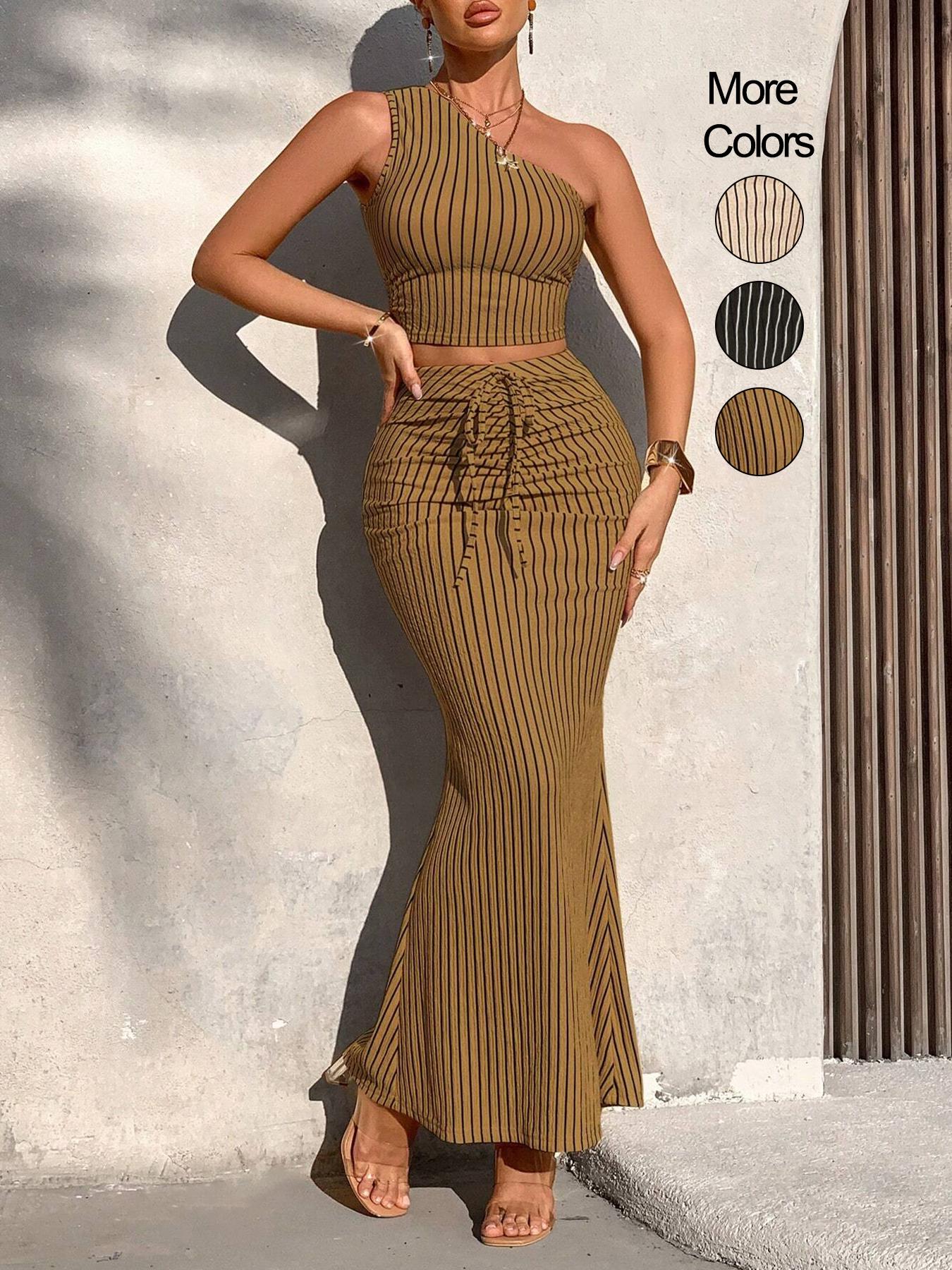 Women's Striped Print One Shoulder Crop Top & High Waist Skirt Set, Casual Fashion Cozy Two-piece Set for Daily Outdoor Wear, Women's Clothing for Summer, Lady Clothe, Womenswear, Sleeveless