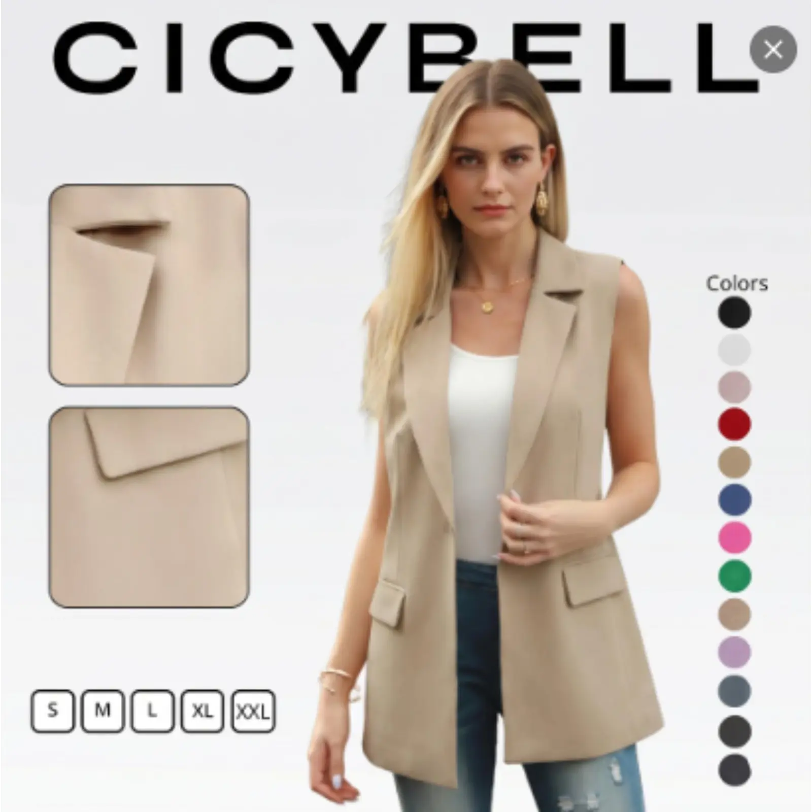 Cicy Bell Women's Poly Blend Solid Plain Sleeveless Blazer Vest - Open Front, Single Button, Notch Lapel, Pockets, Business Casual Work Office Outerwear for Summer Fall, Machine Safe