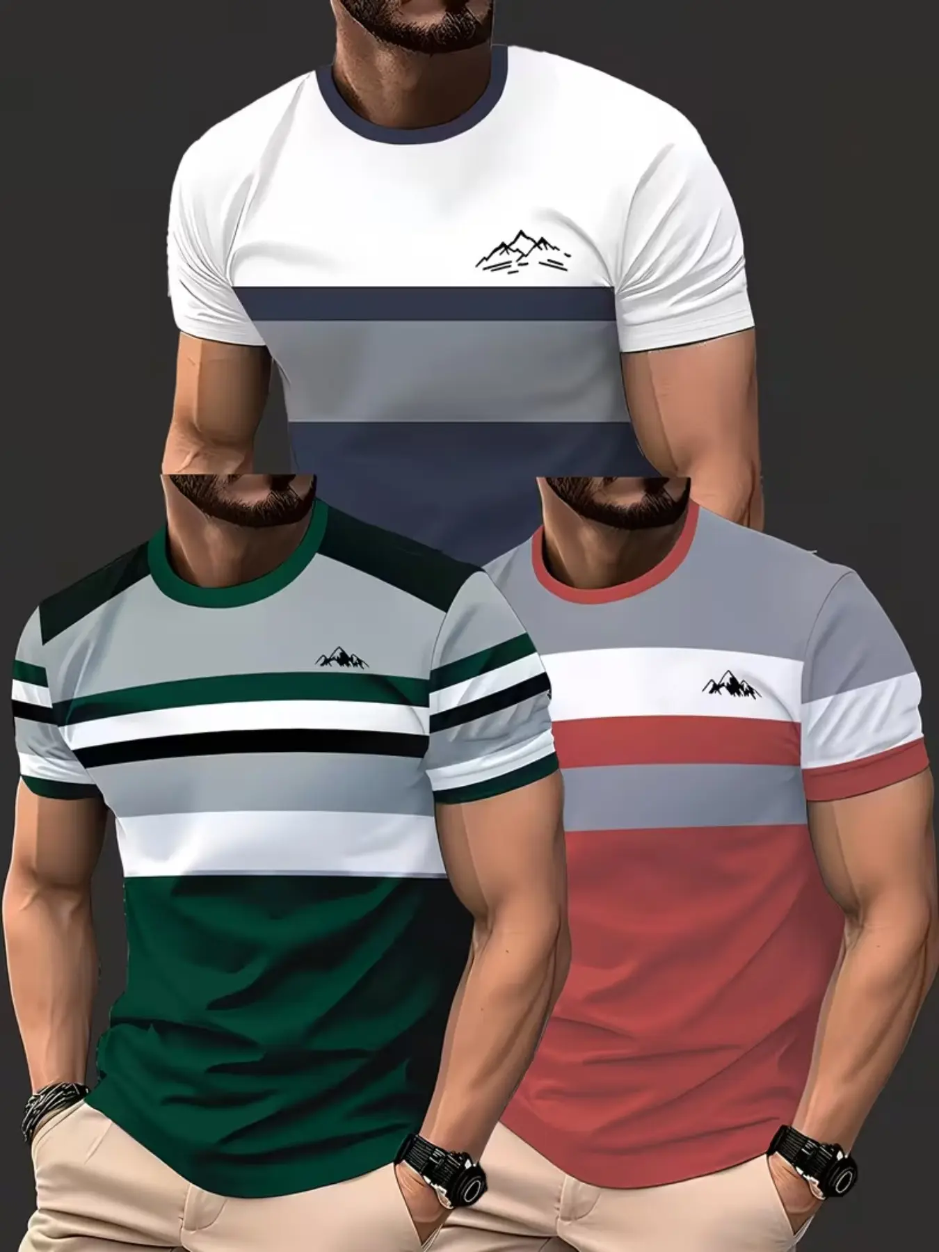 3-Pack Men's Round Neck Short Sleeve T-Shirts, Solid Striped Casual Wear, Ideal for Daily or Office, Soft Breathable Fabric