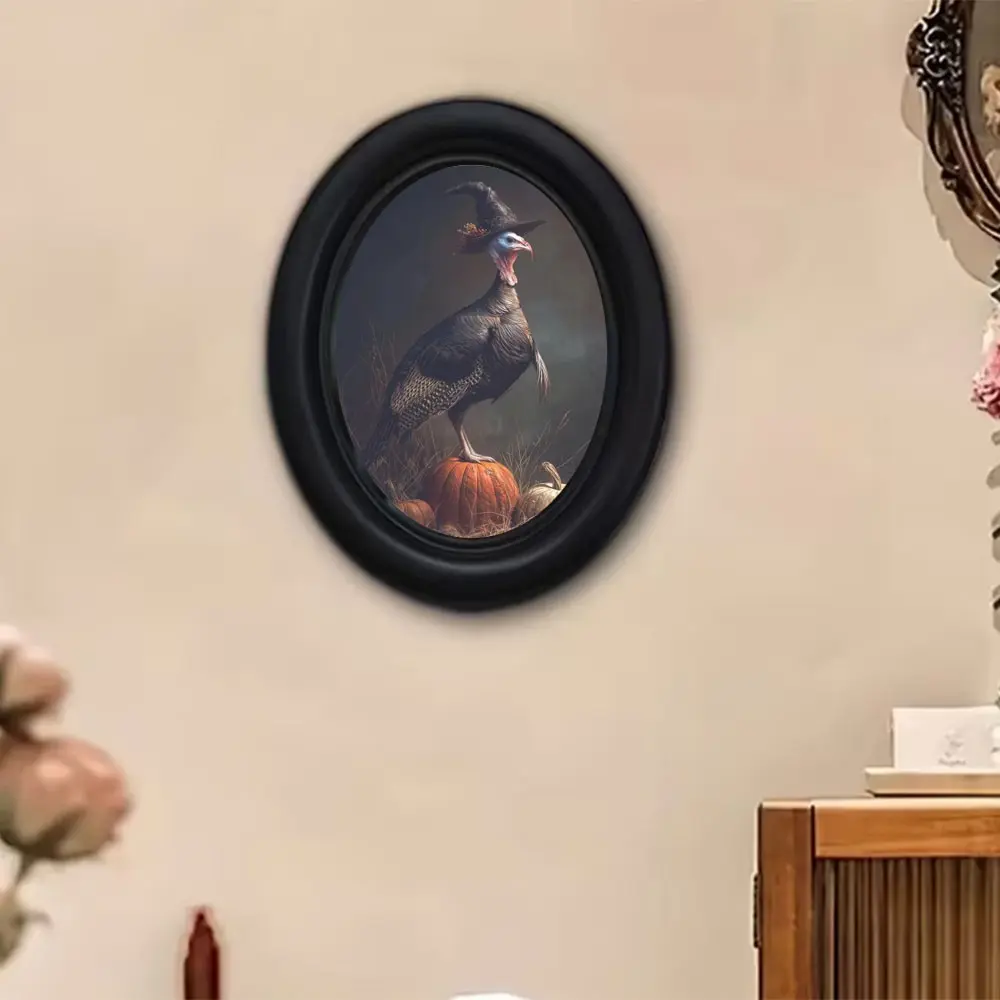 Oval Frame Wizard Hat Turkey Pumpkin Decoration Painting, Halloween Vintage Rustic Animal Desk Art, Retro Style Wall Decor