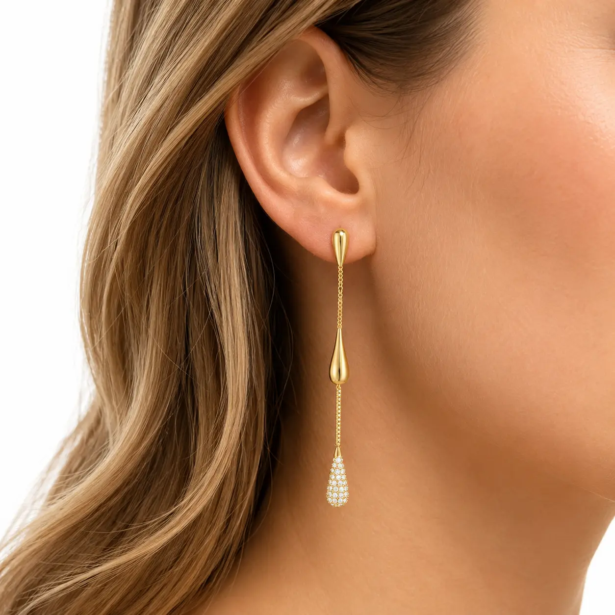 14K Gold Plated Teardrop Tassel Drop Earrings – Elegant Long Dangle Earrings with CZ Crystal Accents for Women