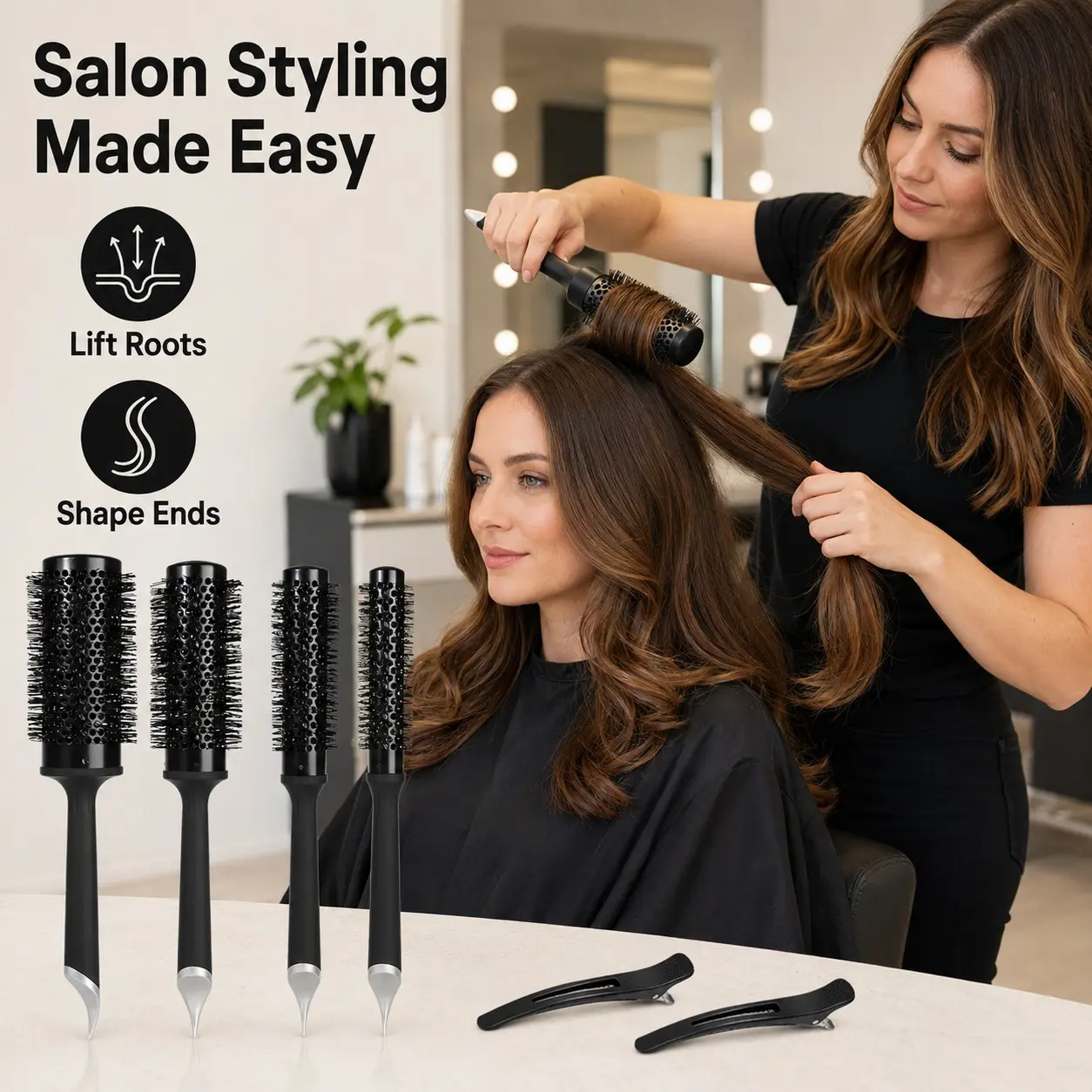 Round hair brush + clips. Smooth, shiny, frizz-free in mins. Easy to use. Salon blowout at home! Fast drying, adds volume, less tangle.