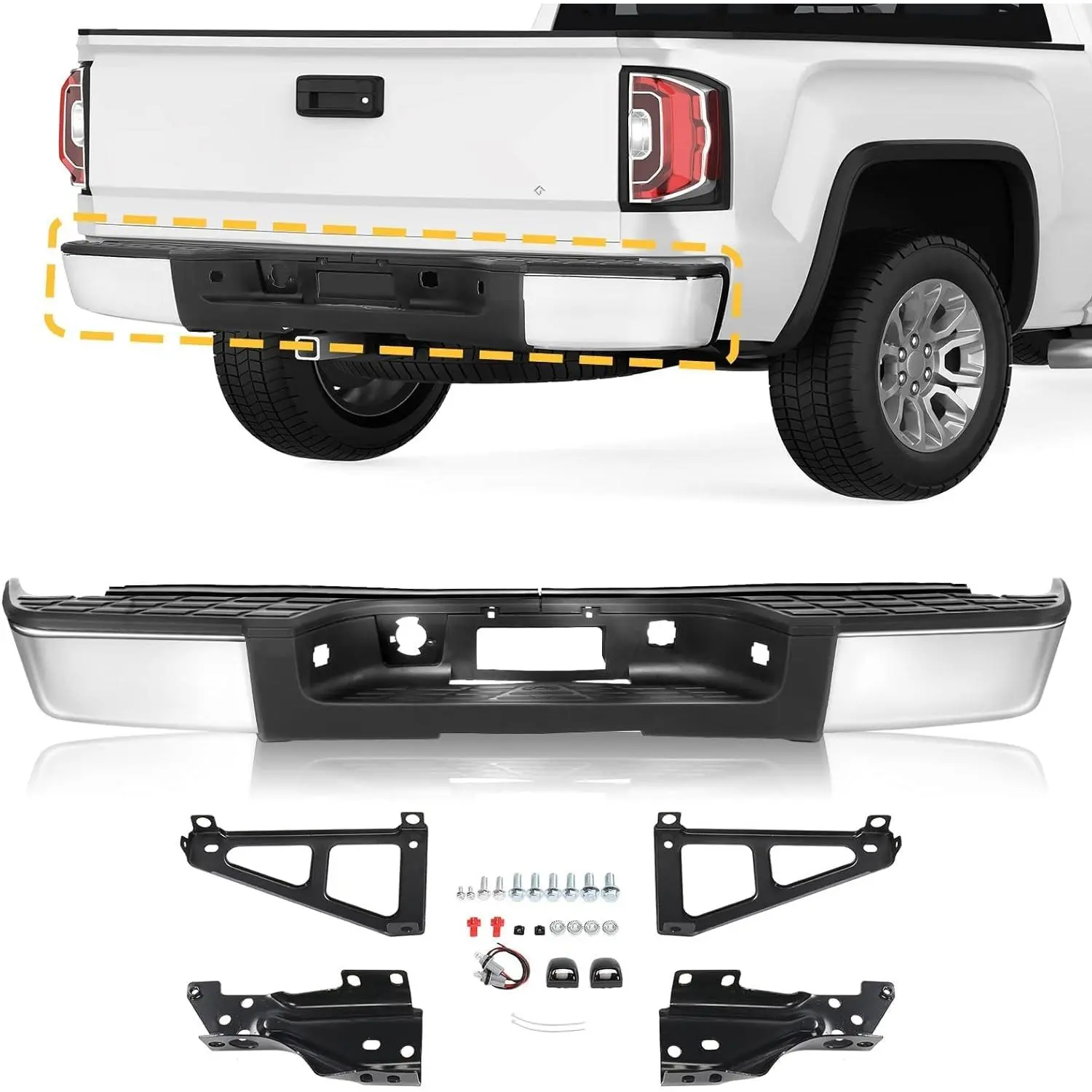 Chrome Finish Rear Step Bumper Assembly with Brackets, Fit for 2007-2013 Chevy Silverado 1500 & GMC Sierra 1500 Trucks, Sensor-Free, GM1103147 Compatible Replacement Part, Bumpers + Brackets