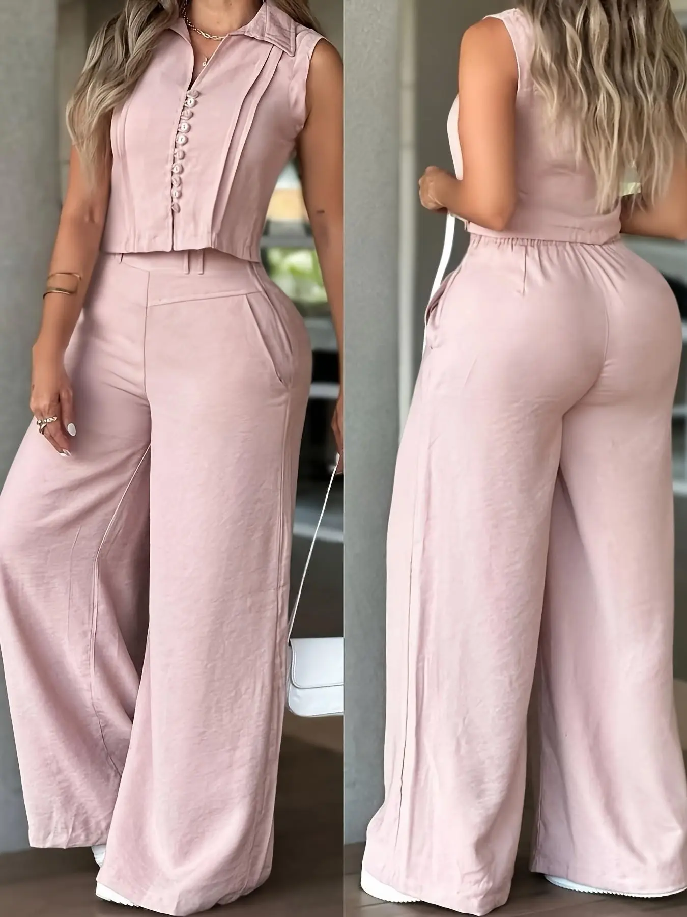 New Summer Women's Slimming Sleeveless Top + High Waist Wide Leg Casual Fashion Long Pants Set, Two-Piece for Spring & Summer