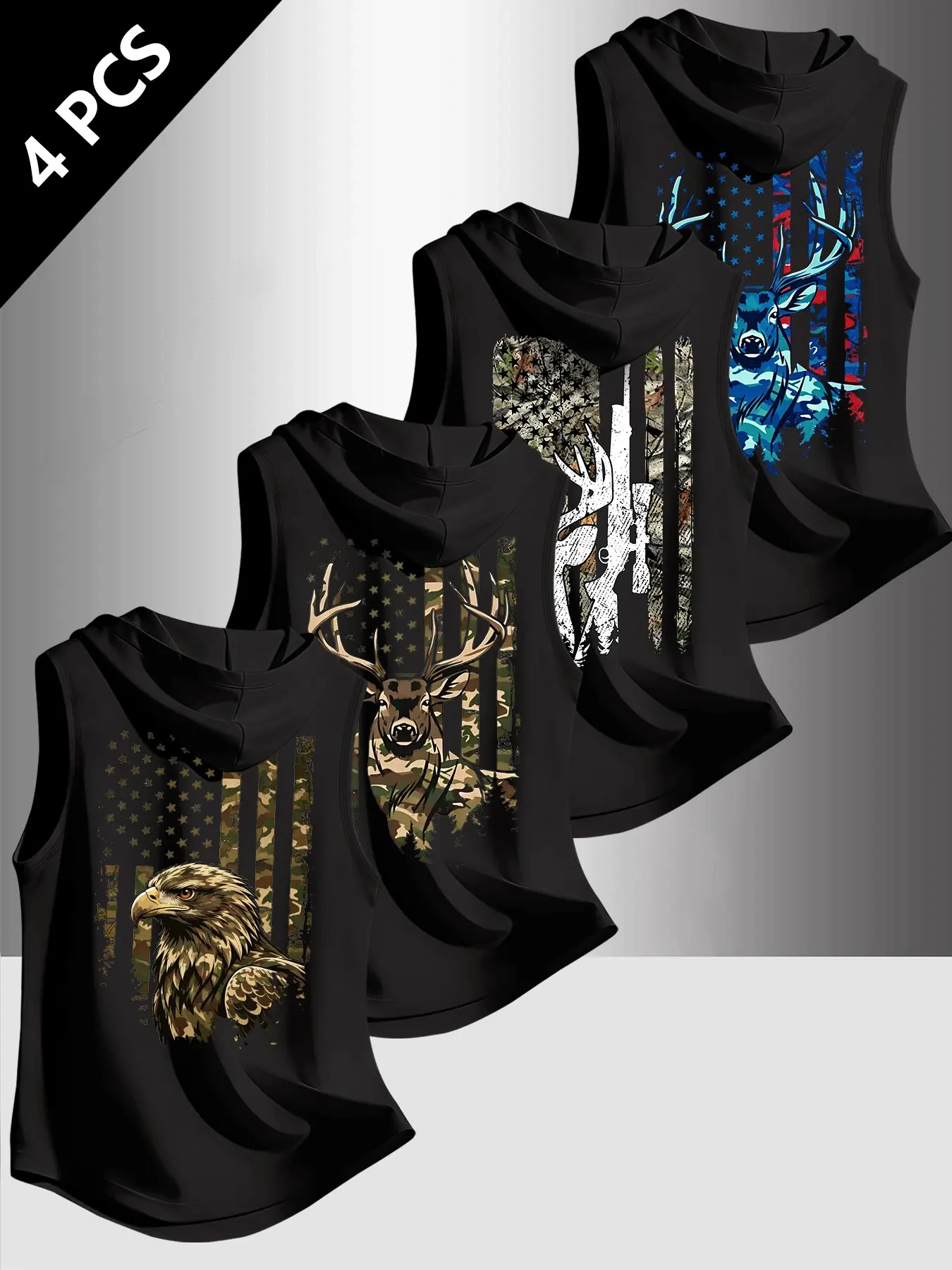 4 Pack Mens Sleeveless Hooded Tank Tops Vintage Distressed Star Stripe Camo Graphic Print Soft Breathable Athletic Vests, Workout Style Fashion, Workout Sleeveless, Outdoor Hunting Patriotic Sleeveless Hoodies For Training Camping Daily Wear
