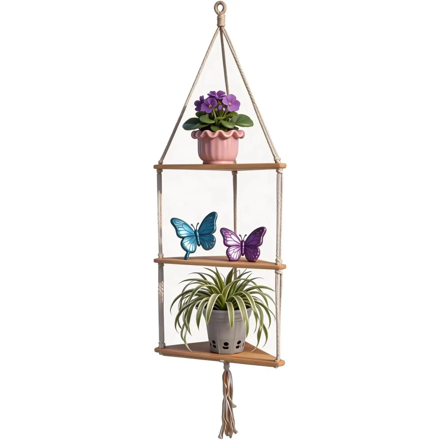 3-Tier Macrame   Shelf, Bohemian  Corner Shelf for Wall, Hand Woven Corner  Shelf for  Decor