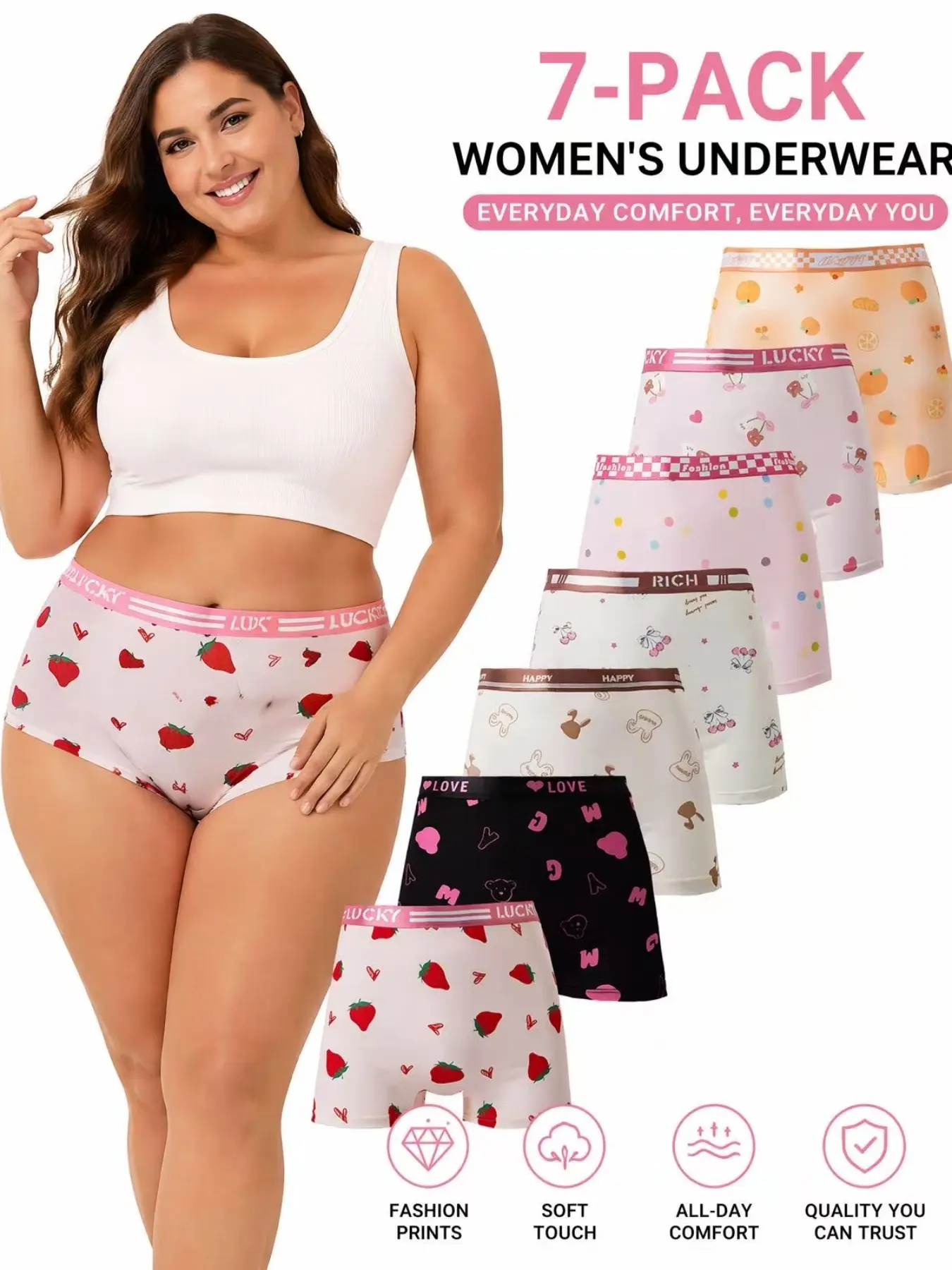 7-Pack High-Waisted Plus Size Underwear Panties, Comfortable Fashion Design, Solid & Printed Patterns, Breathable Fabric, Non-Slip Fit
