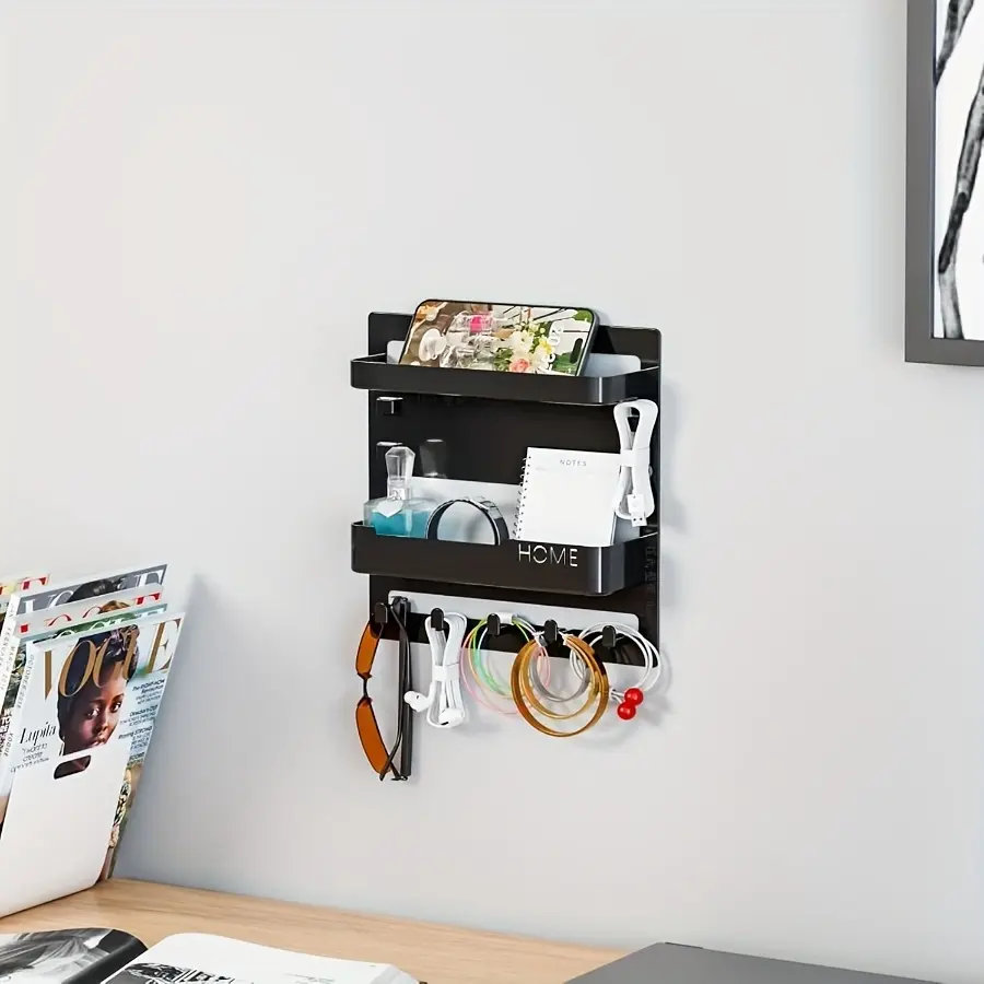 Bohemian Wall-Mounted Bedside Shelf with 5 Hooks - No Assembly Required Plastic Storage Shelf Suitable for Bedroom, Dorm, RV - Space-Saving -Shaped Suitable for Phones, Remote Controls, Headphones Holder, Modern, Floating Shelves, Inner Shelf