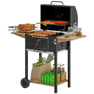 Outsunny Charcoal BBQ Grill with 245 sq.in.Cooking Area, Outdoor Barbecue Grill with Adjustable Charcoal Pan, 3 Shelves, Thermometer, Wheels, Black On-Site