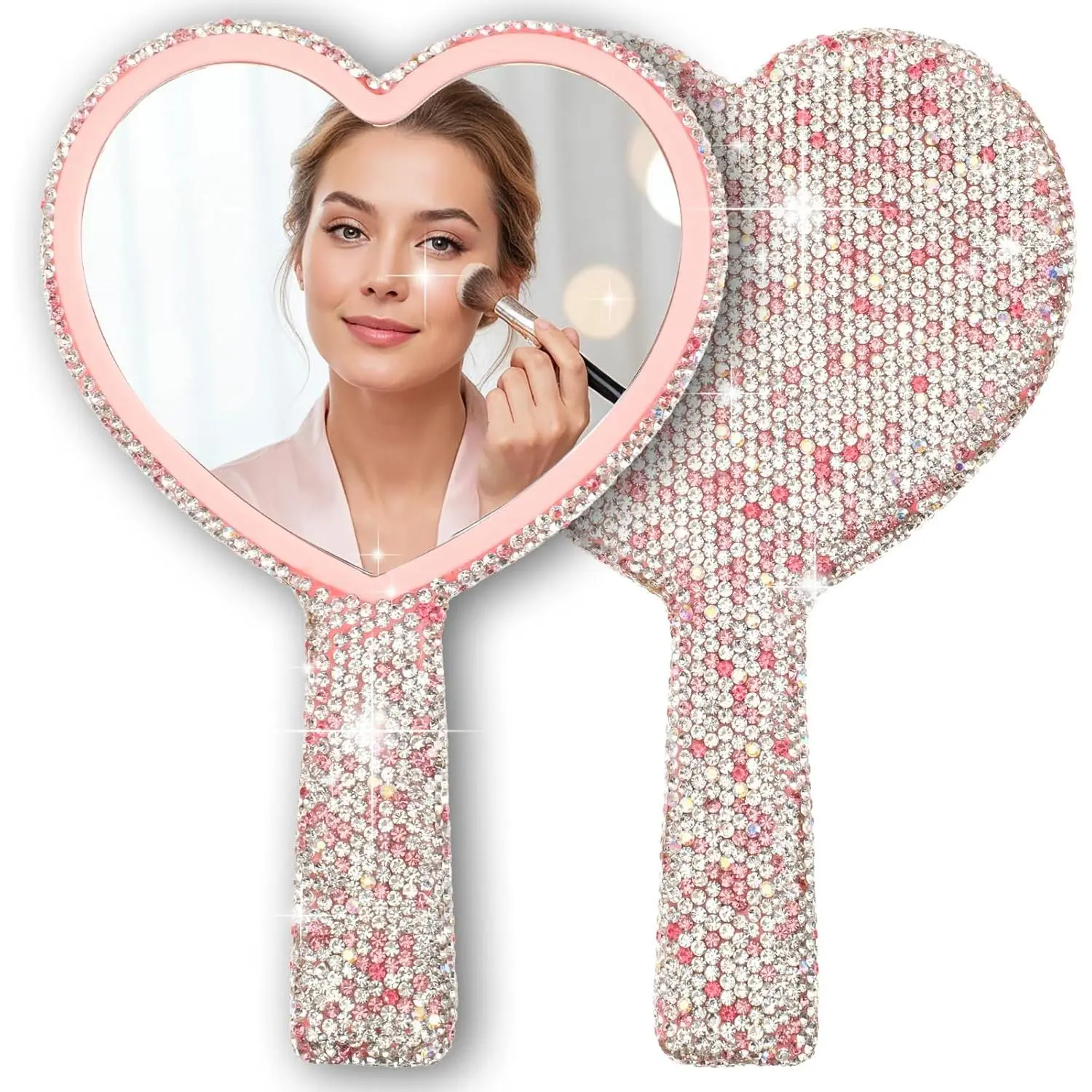 Rhinestone Handheld Mirror, Portable Lash & Makeup Mirror with Handle for Travel and Daily Use, Pink