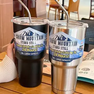 30OZ Stainless Steel Freeze Thermos Cup with Straw Ice Coffee Drink Vacuum Insulated Bottle Car Travel Outdoor Mountain Cup