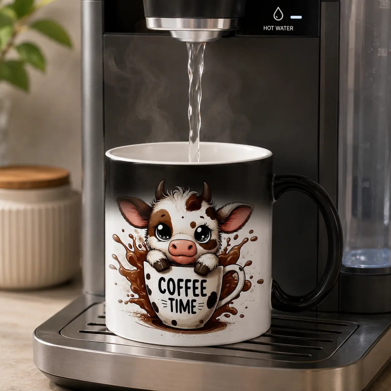 11oz Coffee Time Color Changing Mug, Heat Sensitive Ceramic Coffee Cup with Cute Cow Design, Funny Birthday Gift for Coffee Lovers, Women or Friends