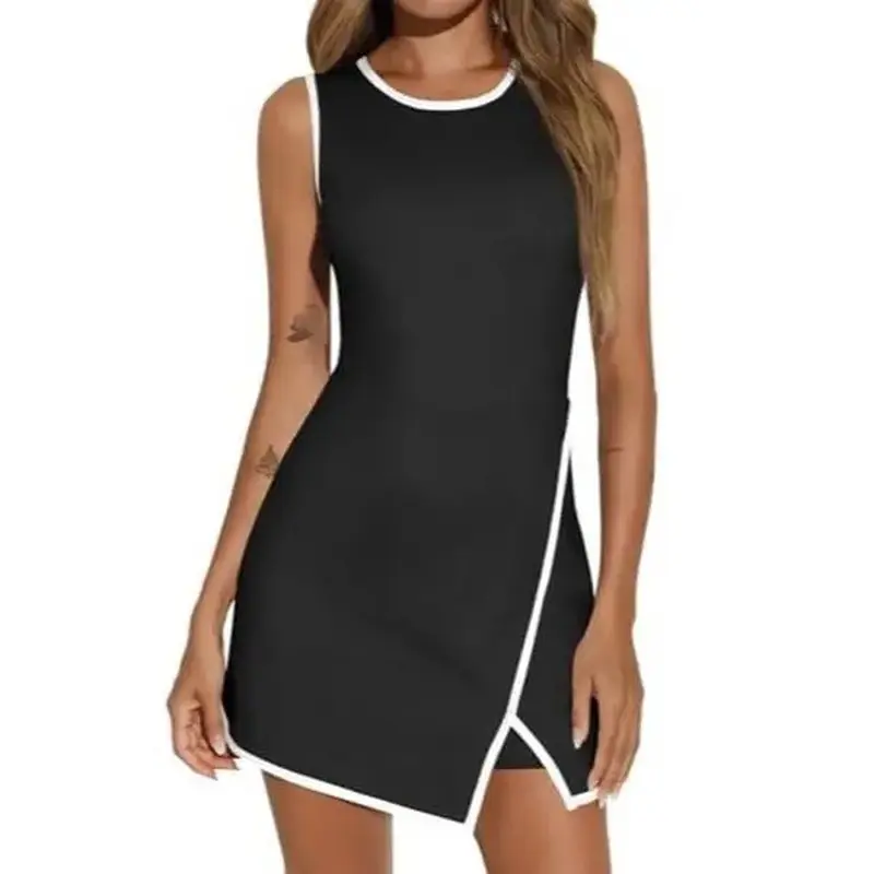 FISOEW Women's Blush Pink Athletic Cut Crew Neck Sleeveless Dress - Female Wear, Built-in Bra, Shorts Pockets, Soft Breathable Polyamide Blend Fabric, Machine Washable Tennis Golfing Activewear