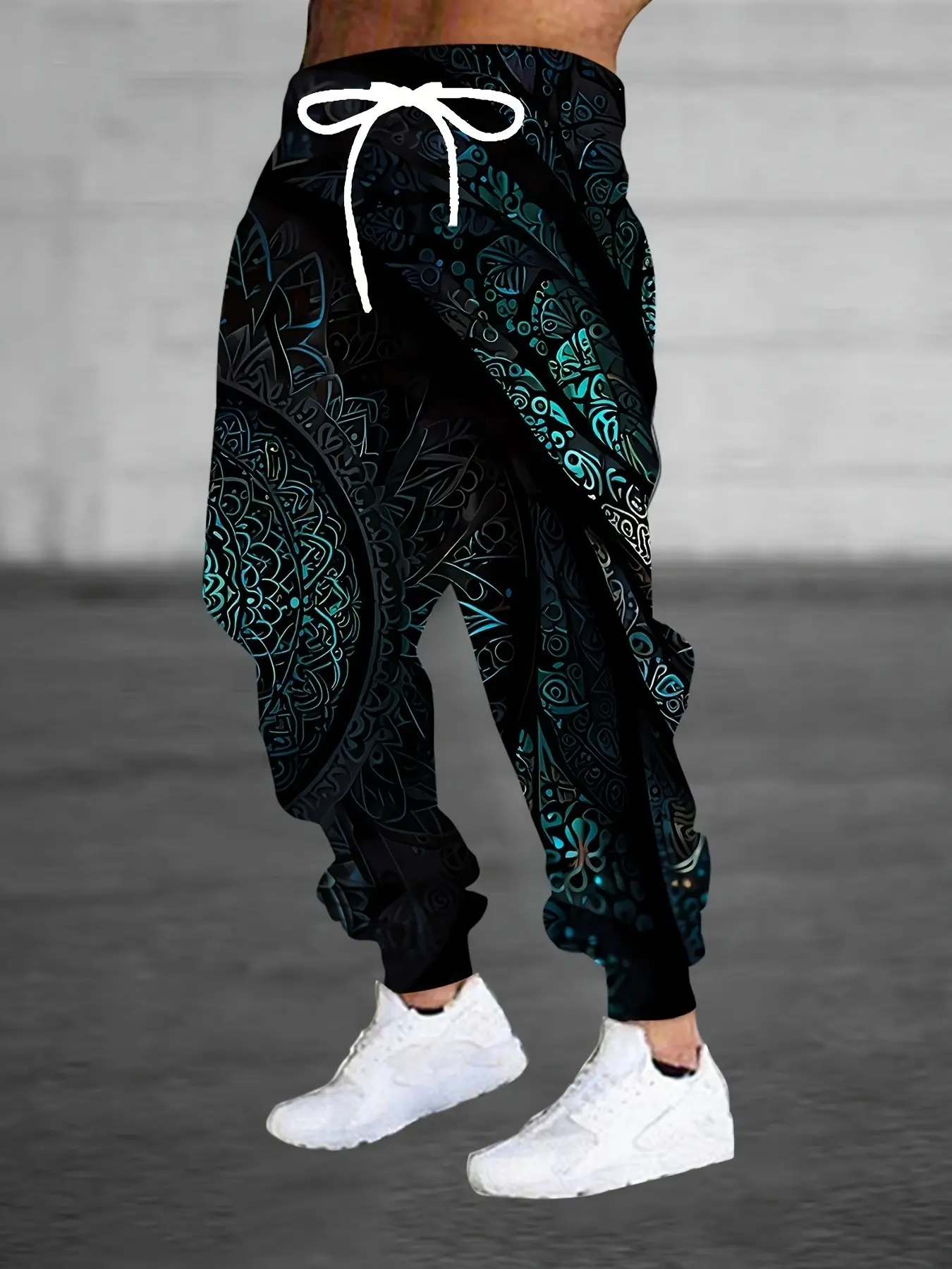 Men's Vintage Mandala Ethnic Pattern Full Print Cargo Pants, Drawstring Waist, Bohemian Style, Casual Fall Long Pants