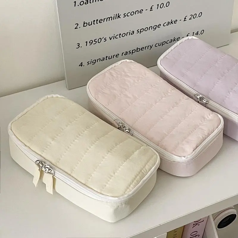 Minimalist Vertical Striped Stand-Up Pencil Case, Large Capacity Unisex Waterproof Cloth Pouch with Zipper in Macaron Colors for Students, Student Use, College School Supplies