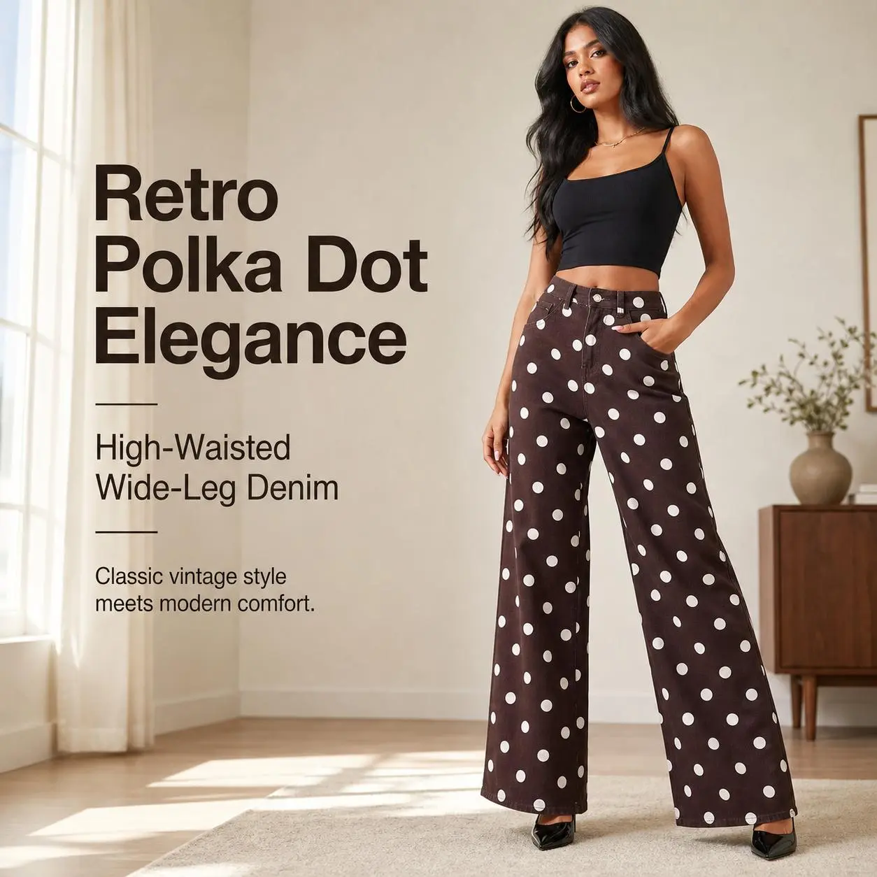 Women Burgundy White Polka Dot Wide Leg Jeans, High Waist Loose Full Length Retro Casual Denim Trousers