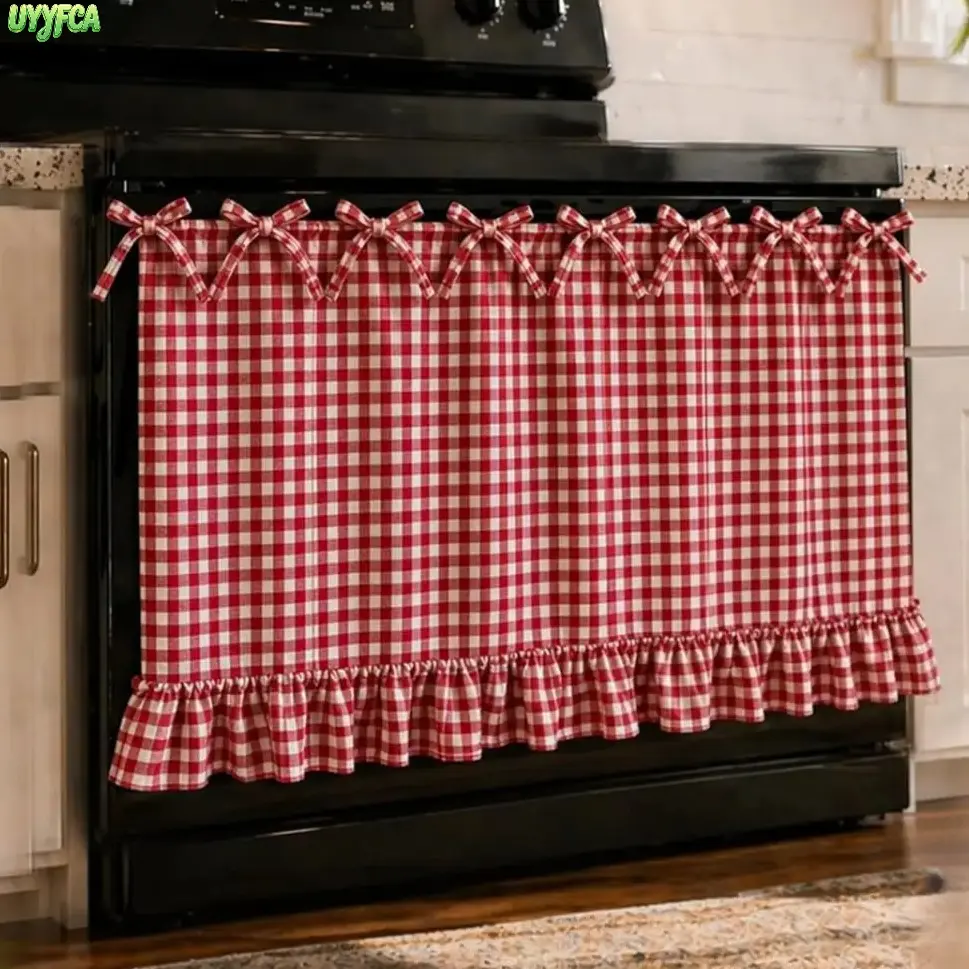 Gingham Plaid Stovetop Cover with Ruffle Bow, Rustic Farmhouse Slip-On Oven Skirt in Double-Sided Thick Fabric, Cottagecore Kitchen Decoration & Home Decor Items, Decorative Cover, Cottagecore Farm Kitchen Decor