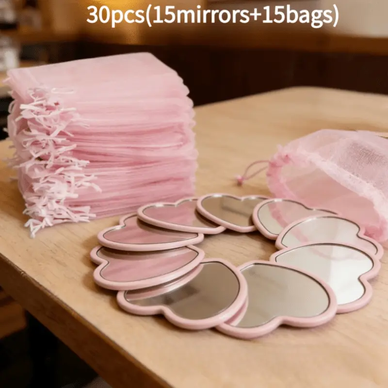 15 heart-shaped mini mirrors with a pink storage bag, perfect for travel, wedding gifts, and Korean skincare routines – pink ribbon mini lightweight portable Cosmetic Mirror series, polished decorations, great for decor and gifts