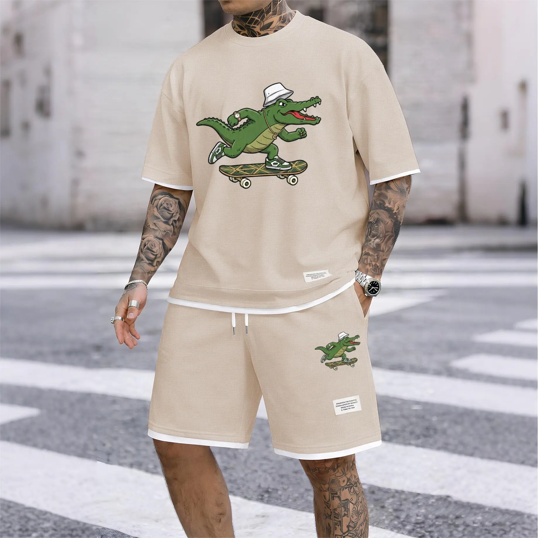 Men’s Funny Crocodile Skateboard Graphic Waffle Knit 2 Piece Outfit, Short Sleeve Crewneck Shirt and Casual Shorts Set, Lightweight Summer Streetwear for Campus, Outdoor, Workout, Beach Trips and Weekend Wear