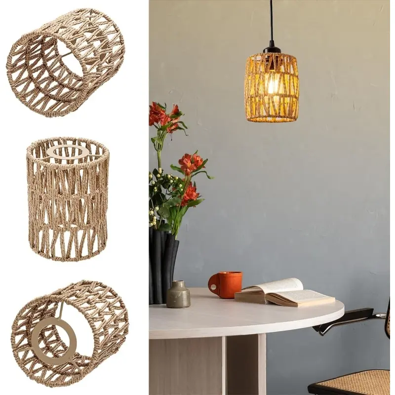 2Pcs Rattan Lamp Shade Small, Boho Mini Lamp Shades Replacement, Vintage Hanging Light Shades, Cylinder Woven LampShades for Floor Lamps Pendant Light Chandelier Wall Sconces Light Fixture Shades, Lighting Accessories