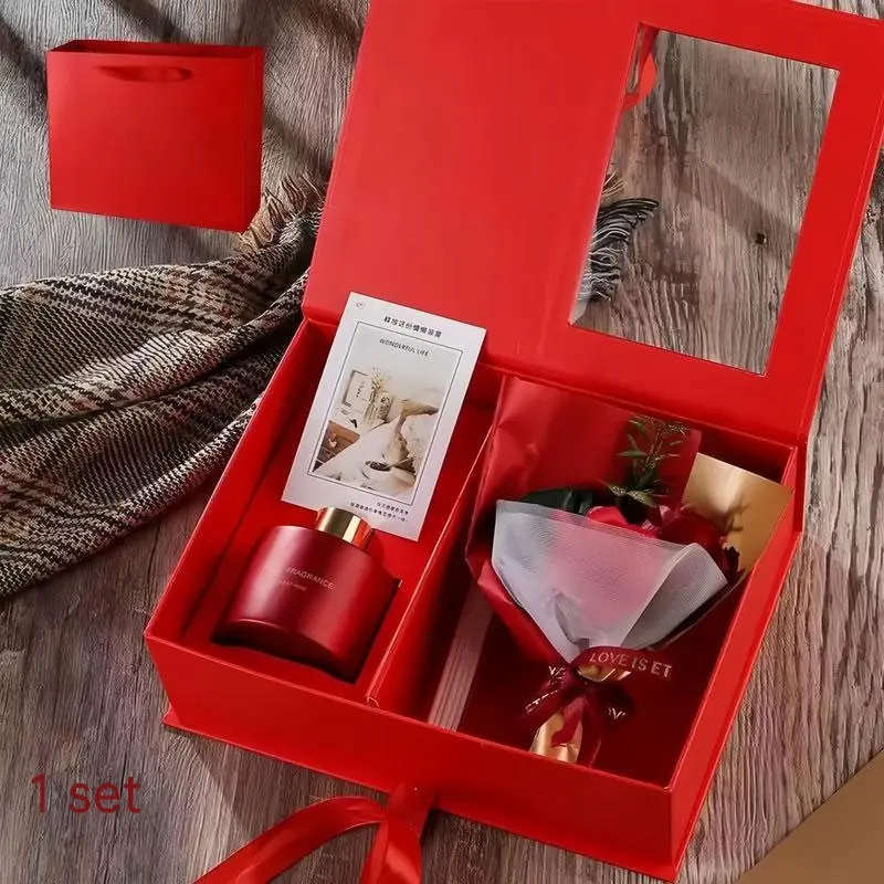 Women's Birthday Gift Set, Gift Boxed, Gift Pack, Luxurious Scented Candle Box, Artificial Flower Bouquet, Greeting Card, Perfect for Mom, Sister, Wife, Best Friend