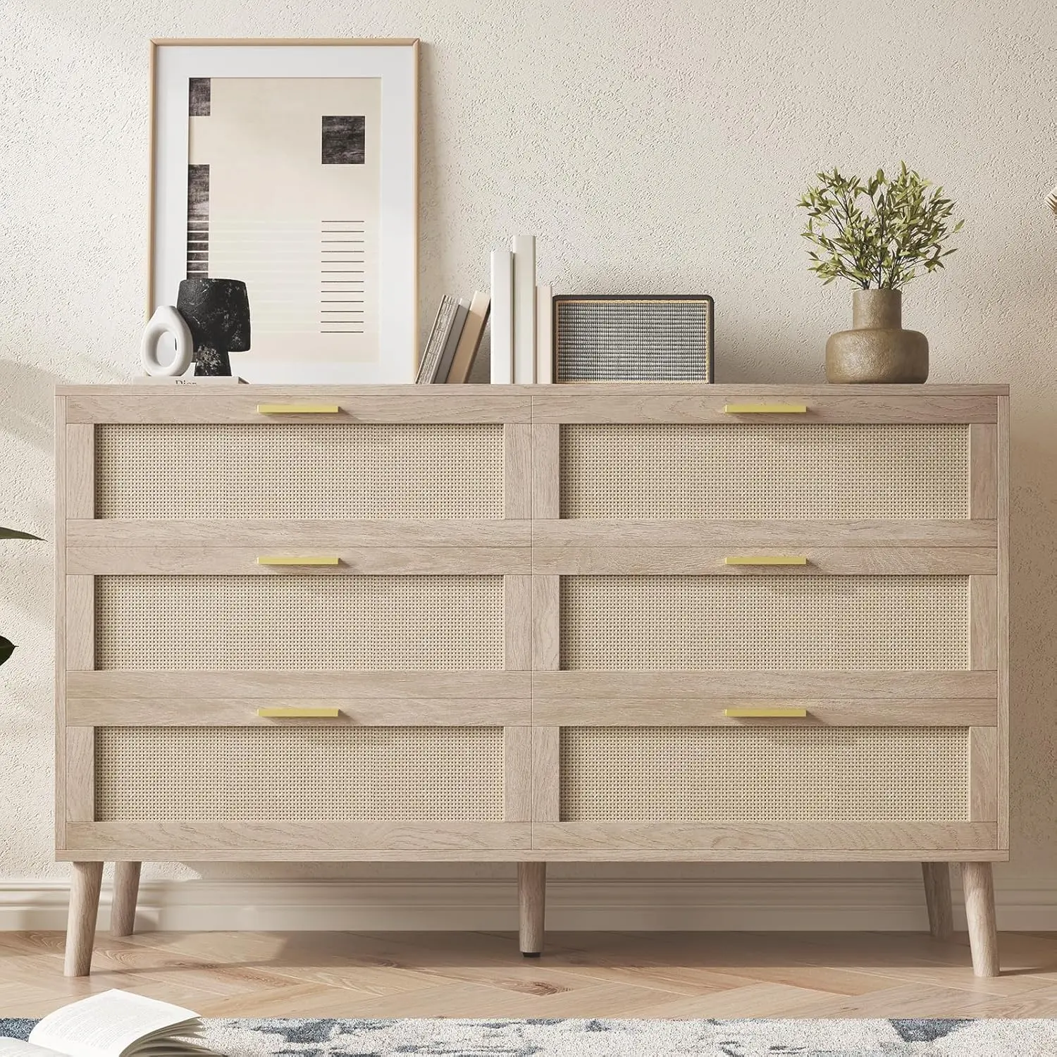 GARVEE6 Drawer Rattan Dresser - Modern Wooden Chest of Drawers with Elegant Gold Handles, Double Dresser Storage Cabinet for Living Room, Entryway, Hallway - Natural Finish, 47.2 Inch