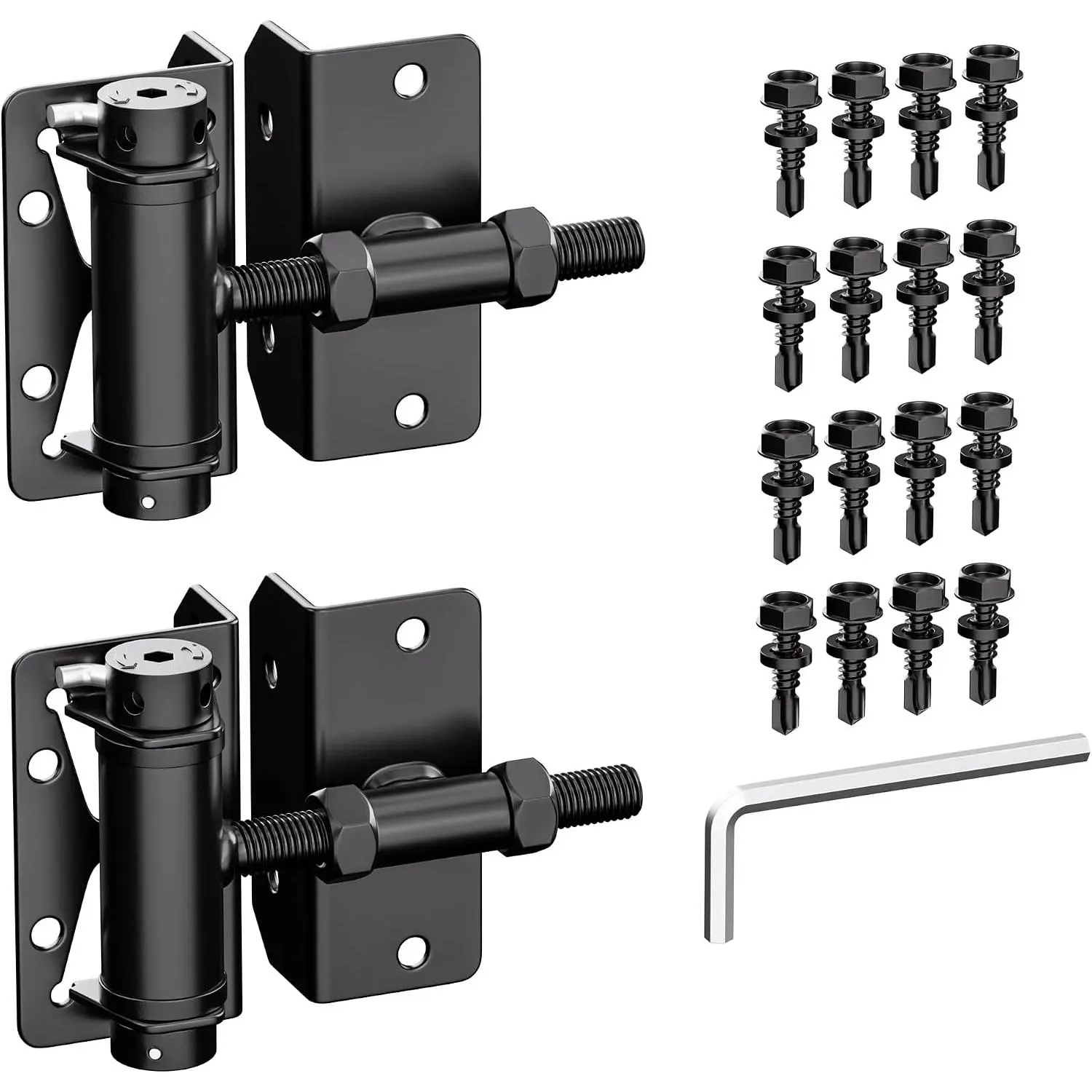 Heavy-duty self-closing door hinges, suitable for metal/vinyl/PVC/wooden fences, 90-degree narrow wooden door hinges, adjustable tightness, used for swing doors, door hardware accessory kit, 2 pieces/set, black coated