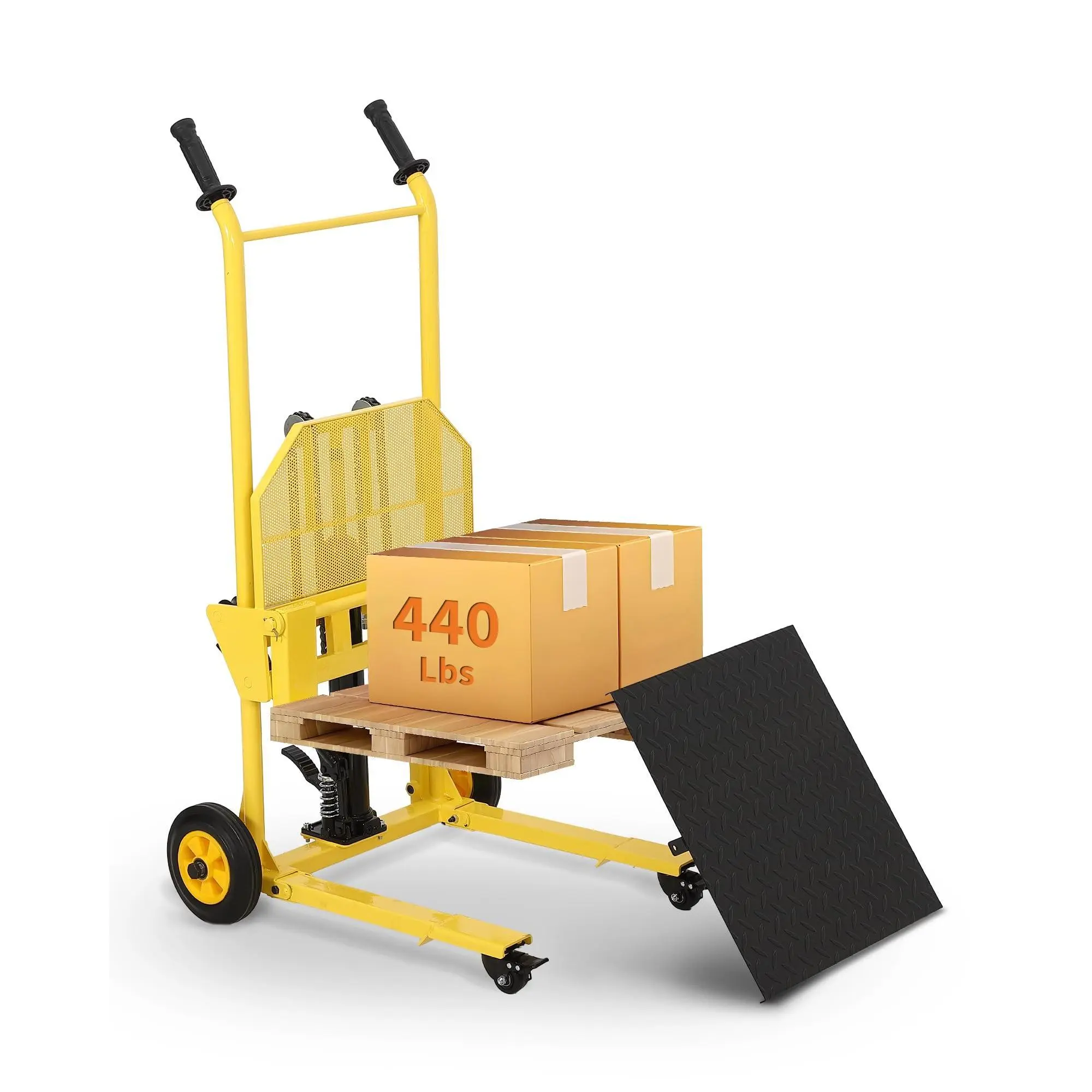2-in-1 Hydraulic Material Lift Winch Stacker 440 lbs Heavy Duty Hand Pallet Truck Forklift with Removable Flatbed Platform Q235 Steel Manual Lift Table High Capacity Hydraulic Lift Cart for Warehouse Garage Workshop