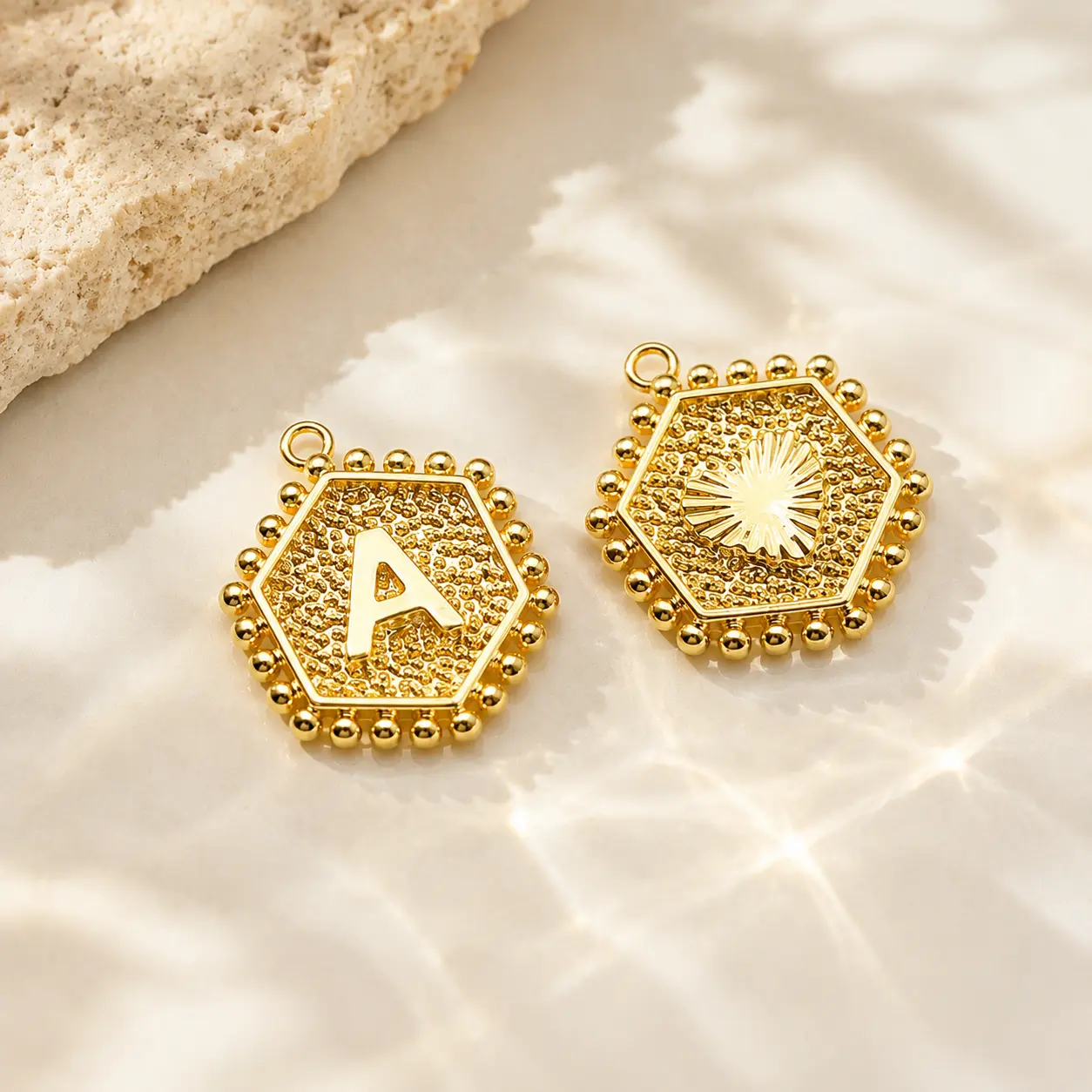 14K Gold Plated Letter A-Z Pendant, 2Pcs Chic Hexagonal A-Z Initial Charms Heart Alphabet Initial Pendants Non Tarnish for Jewelry Making Name Necklace Bracelets Gift DIY Craft