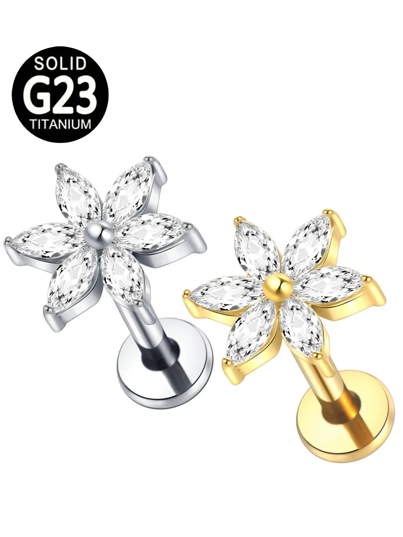1Pc Titanium Labret Medusa Monroe Piercing 16G Flower CZ Sparkling Zircon Inlay Helix Cartilage Conch Tragus Lobe Ear Piercing Body Jewelry For Women
