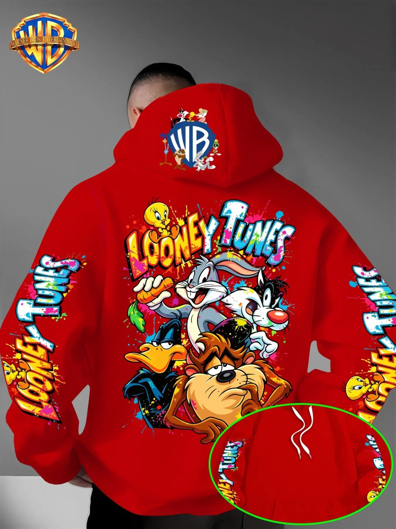 Warner Bros Men's Looney Tunes Back Print Hoodie, Cartoon Character Pattern Pullover, High Saturation Color Casual Streetwear