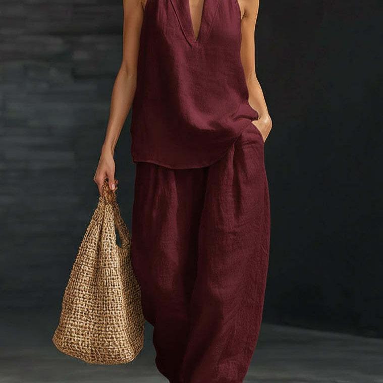 Boho Linen Two Piece Set - Perfect for Beach, Vacation & Brunch! Halter Neck Sleeveless Top Wide Leg Pants Set # TwoPieceSet # LinenSet # WideLegPants # HalterNeck # SummerOutfit # BohoFashion # CasualWear # Outfit of the Day # WomensFashion