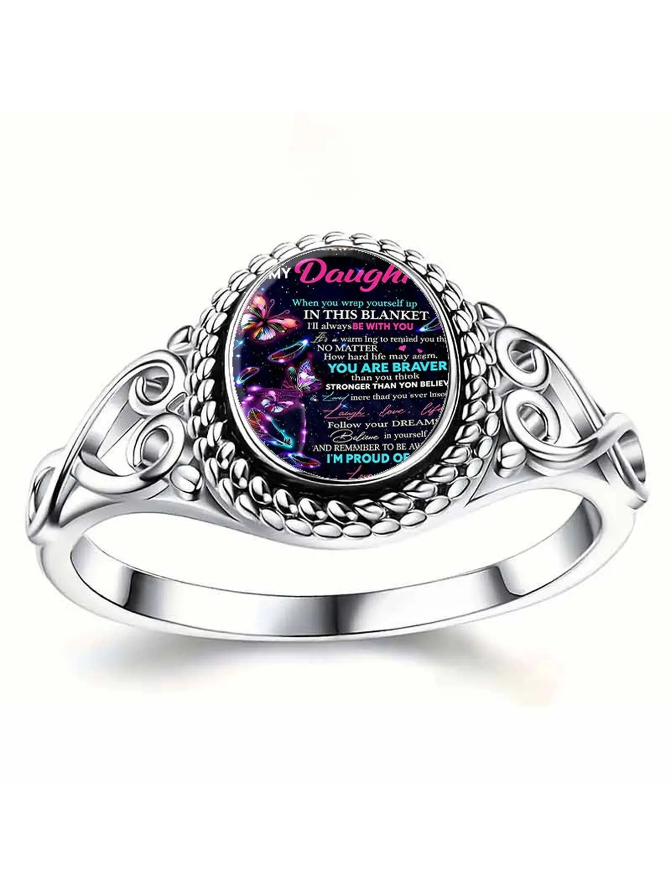 Vintage hollowed-out ring, with a starry sky butterfly and inspirational text pattern depicting the words of parents encouraging and expecting their daughter. The text is filled with the parents' encouragement and expectations for their daughter