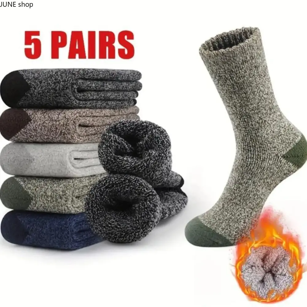 Men’s Crew Length Socks - 5-Pair Assorted Cartoon Bulk Set, Polyester Blend Thick Warming Snug Fit Knitted, Elastic Machine Washable Winter Footwear for Cold Weather Casual Outdoor Use, Mixed Colors