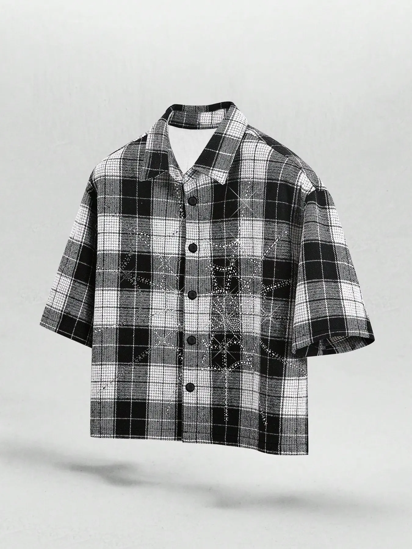 Y2K Plaid Cut Out Short Sleeve Button Shirt, Rhinestone Star Pattern Loose Neck Top, Streetwear Fashion, Z Generation Skate Punk Aesthetic